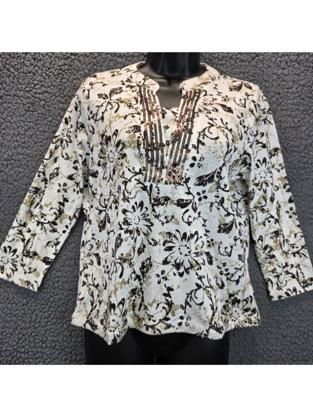 Hasting & Smith Floral Top PM White Brown Bronze Sequin Festival Sparkle